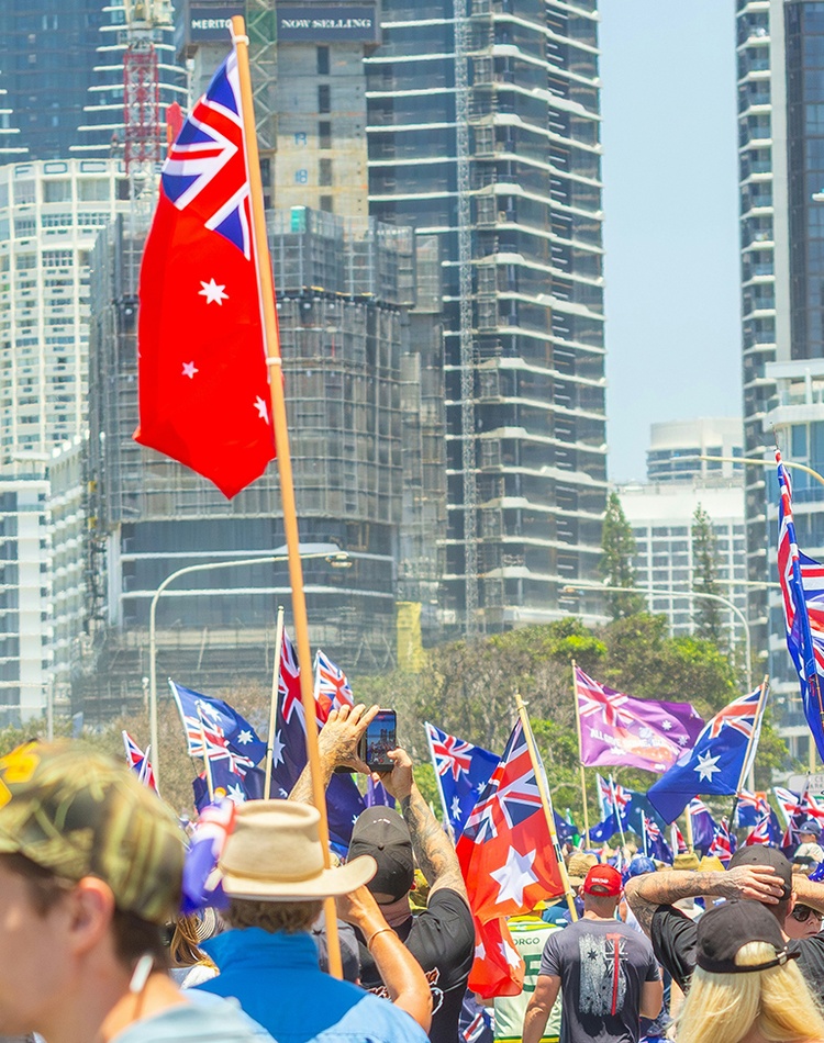 Protesters at any outdoor march flying Australian flags