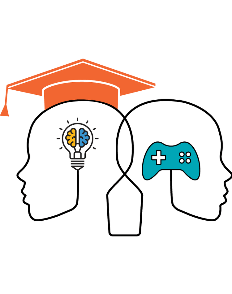 outline of two heads back to back, one wearing mortar board and contains lightbulb the other head contains a gaming controller