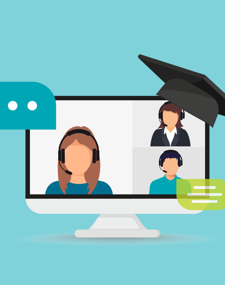 computer monitor showing teacher and students chatting with mortar board hanging on the corner