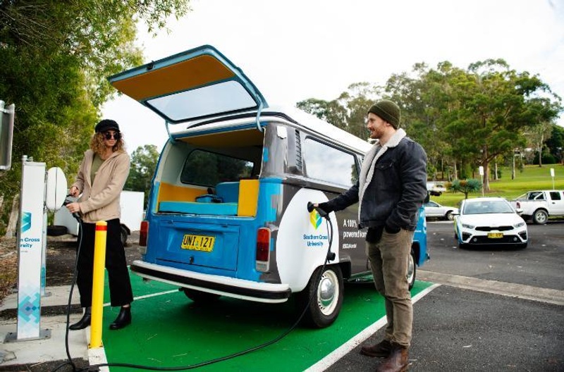 Two people charging a Kombi