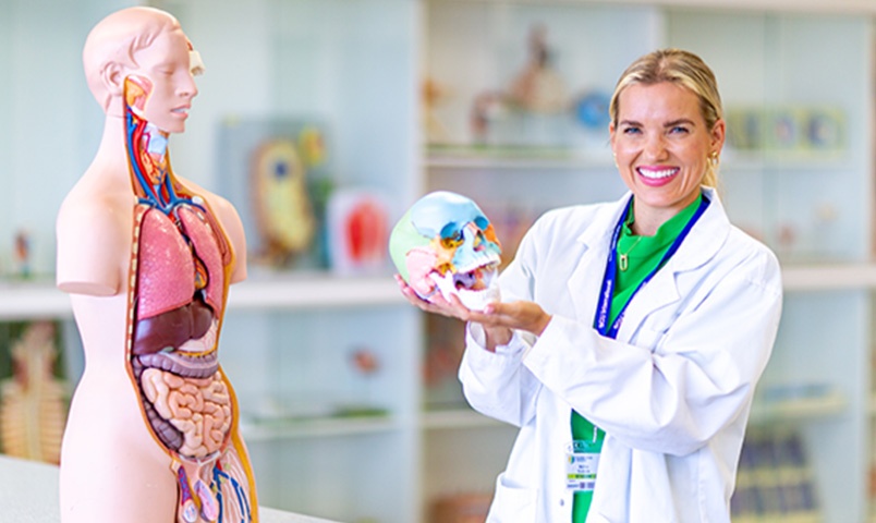 Martina Svoboda, SCU Diploma of Health student, holds a fake scull in a laboratory, with a full human anatomy model on the table beside her, wearing a lab coat and smiling
