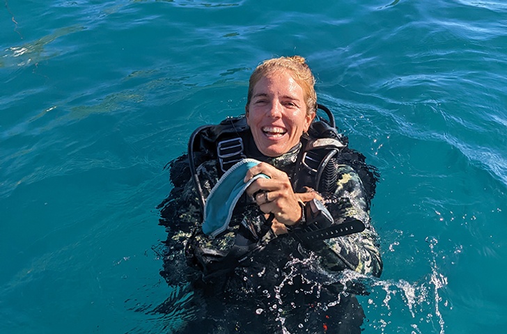 Marine Gouezo in dive gear at Lizard Island_credit Lauren Hardiman CSIRO