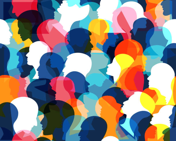 Colourful graphic collation of heads