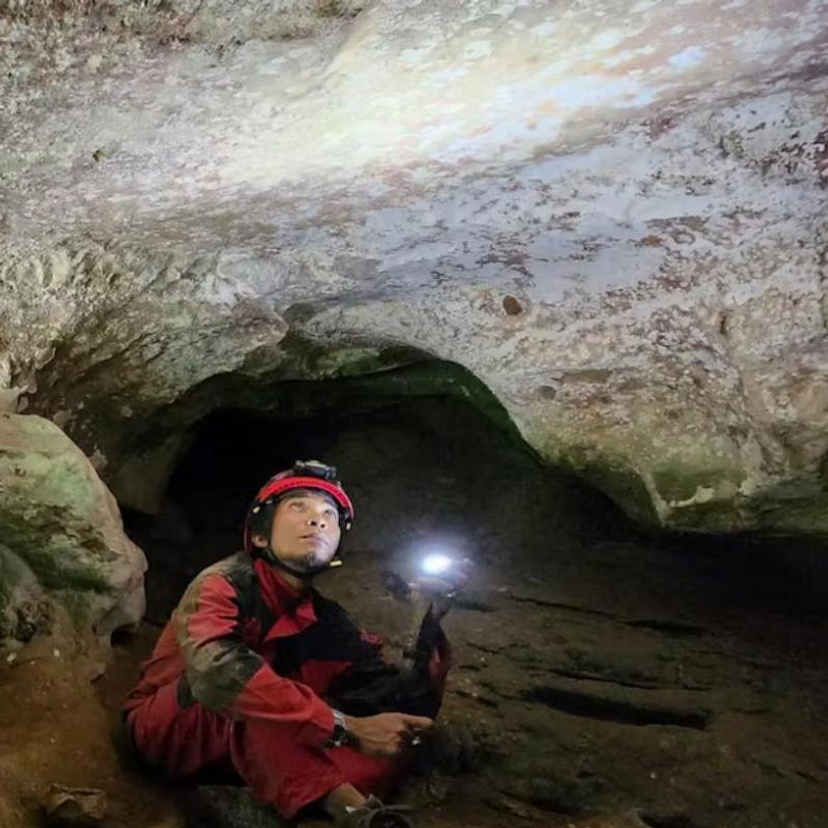 man in cave viewing painting