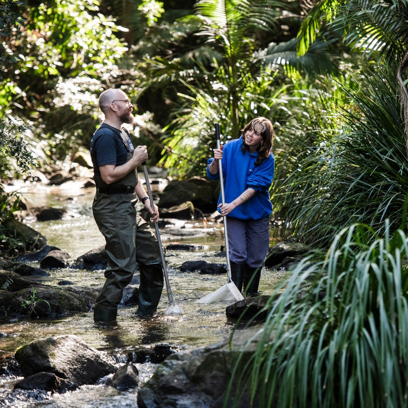 Phd graduate talking to student in stream