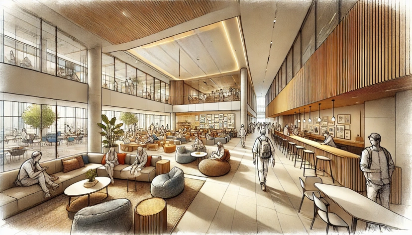 Graphic of a lobby of a building filled with people
