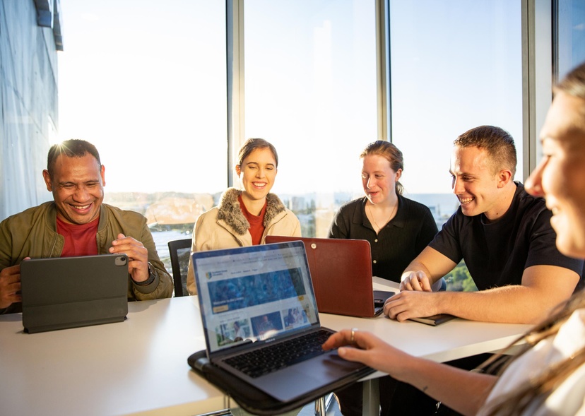 Group of five students studying together on the Gold Coast campus