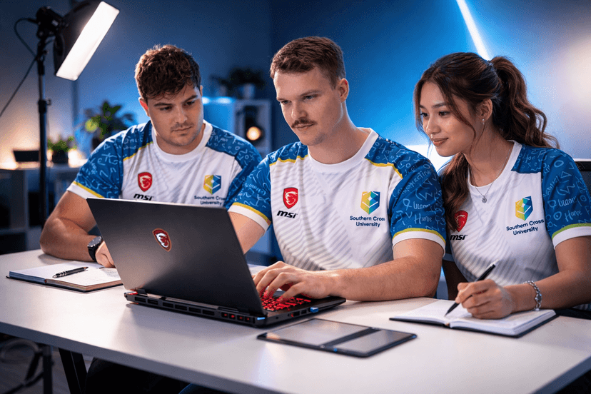 Three students sit around a computer wearing SCU Esports jerseys