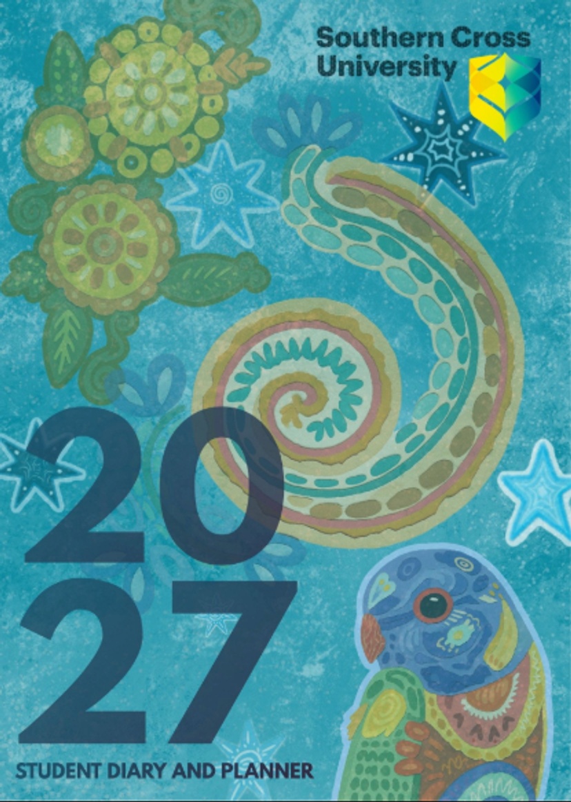 A blue toned diary cover with rainbow lorikeet