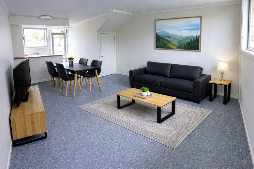 Lounge room with couch and coffee table with decoration