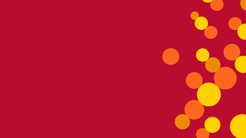 Red illustration with yellow and orange dots on right hand side