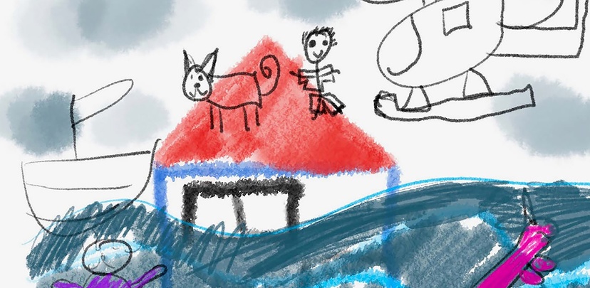 A child's diagram of their experiences in a flood sitting on roof of house