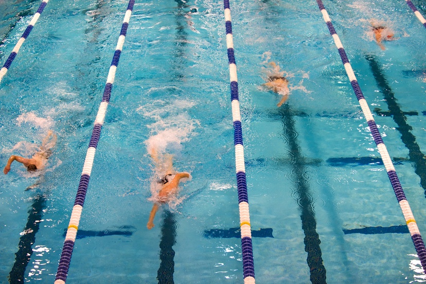 Olympic swimming pool with 4 swimmers in lanes