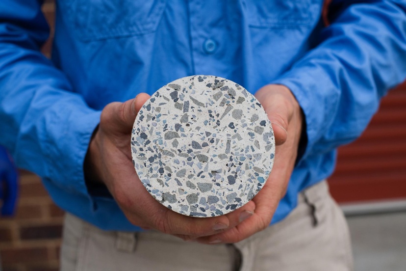 Hands holding cement cylinder showing plastic aggregate