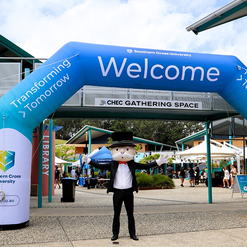 Mr Monopoly on campus at Coffs Harbour for the launch of new Coffs Harbour edition