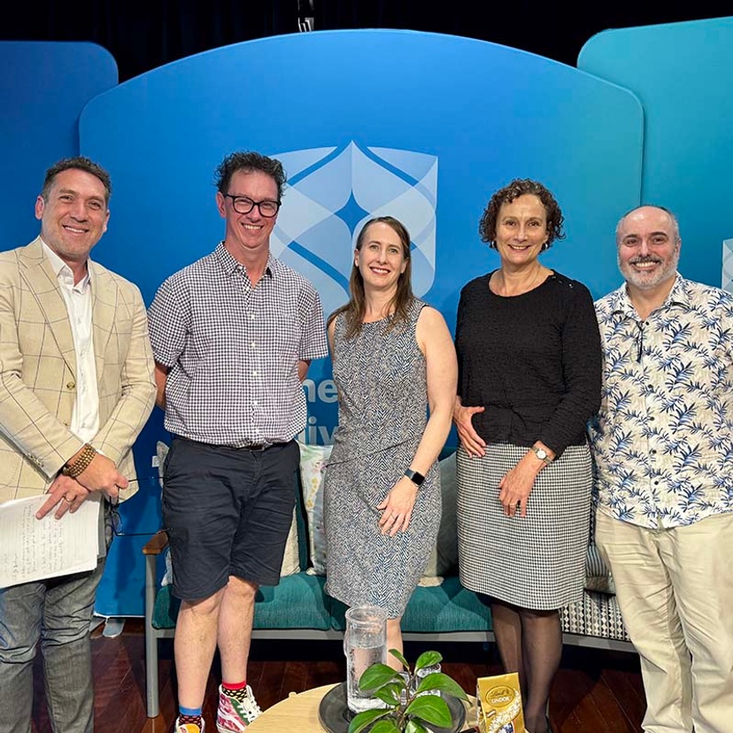 Peer Review Week panel (L-R): Professor Renaud Joannes-Boyau, Professor Nigel Andrew, Ms Clare Thorpe, Dr Joanne Bradbury and Professor Mark Hughes
