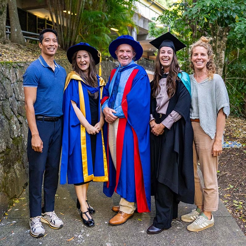 The Coral IVF team at the 2025 Lismore graduation (l to r): Postdoctoral Coral Researcher Dr Dexter dela Cruz; Dr Colleen Rodd; Professor Peter Harrison; Master of Marine Science and Management graduate Lauren Hasson; and Postdoctoral Coral Researcher Dr Marine Gouezo.