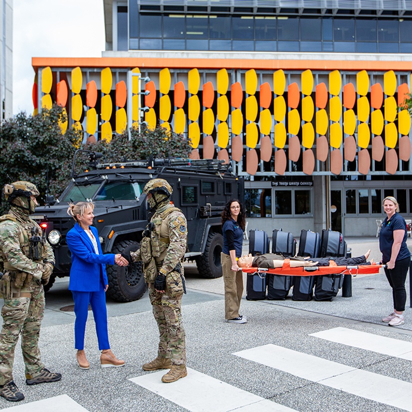 Queensland Police Service Special Emergency Response Team receive donation of sim mannikins from Professor Julie Jomeen at the Gold Coast campus
