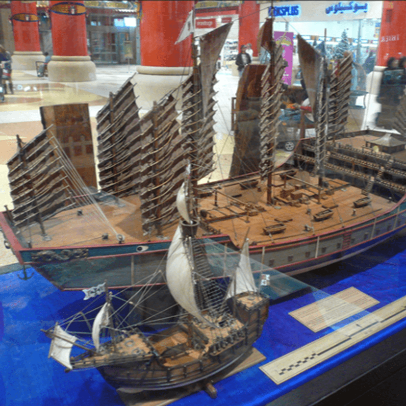 a picture of one large and one small model ship