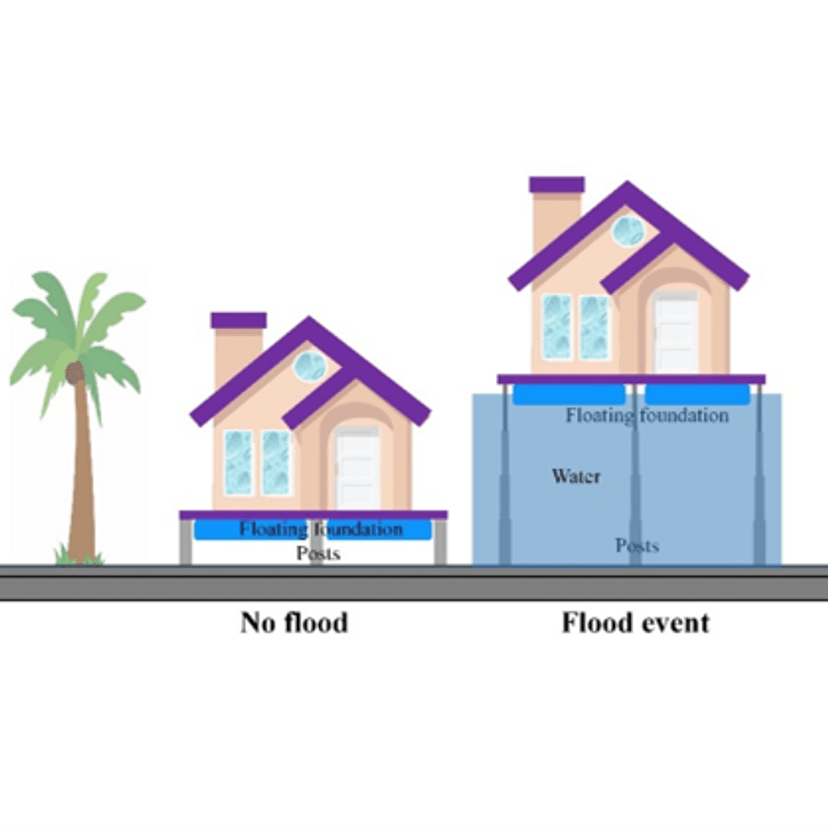 cartoon of two houses, with palm tree to the left side of picture