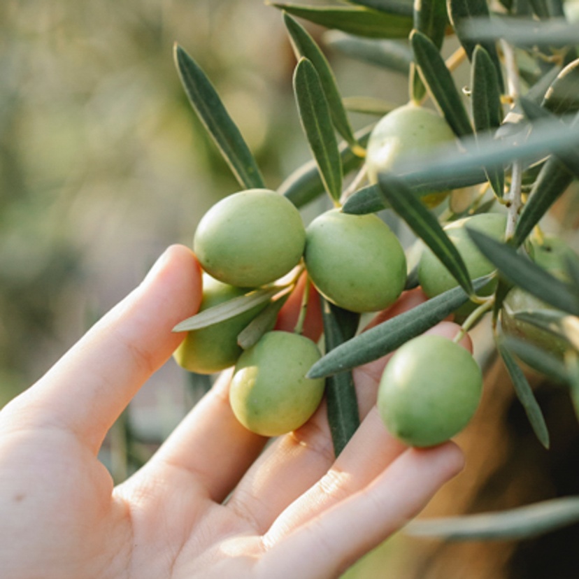 Close up of olives growing on tree with hand holding olives