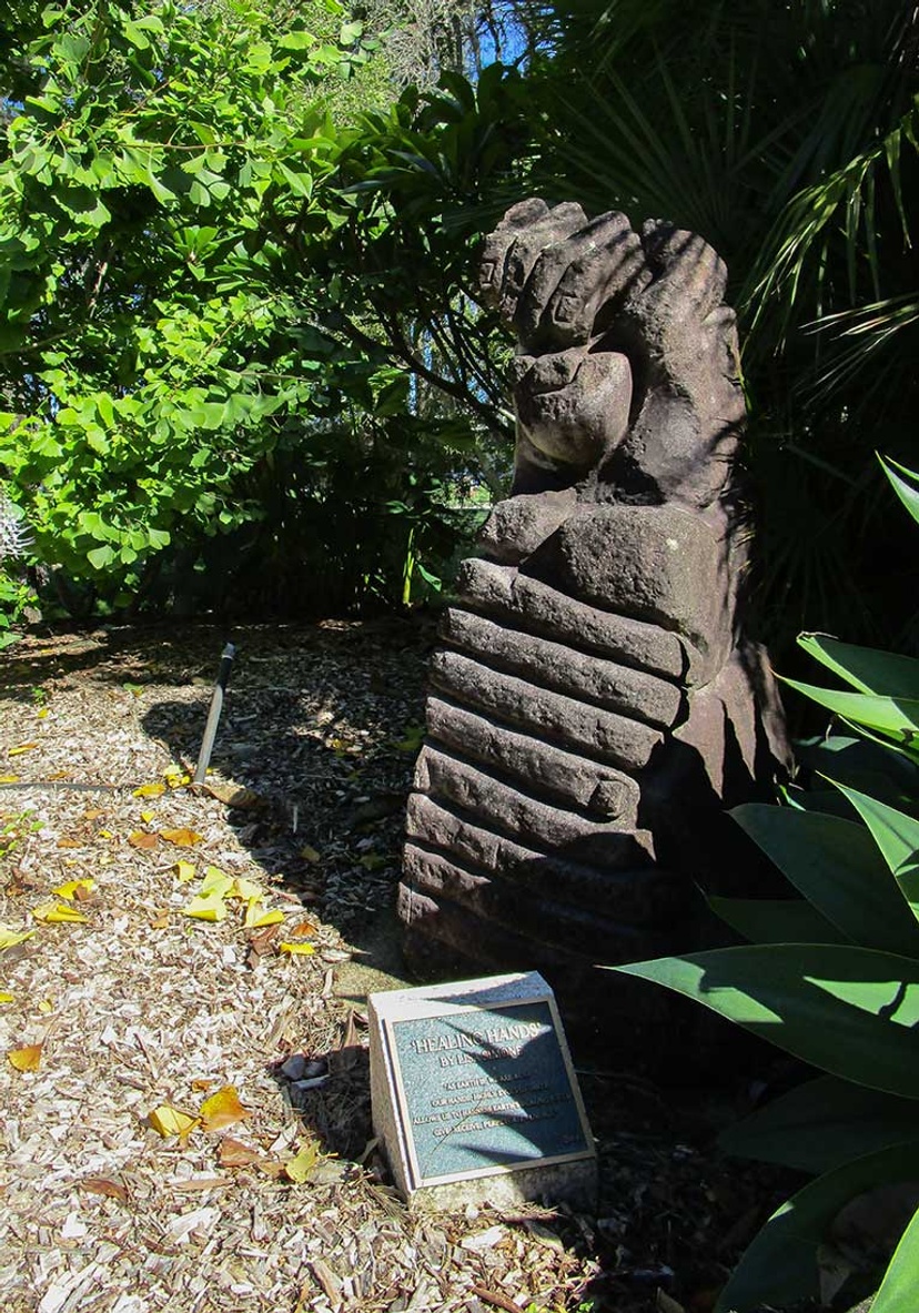 Healing hands sculpture by Lisa Simone - Medicinal plant garden Lismore campus