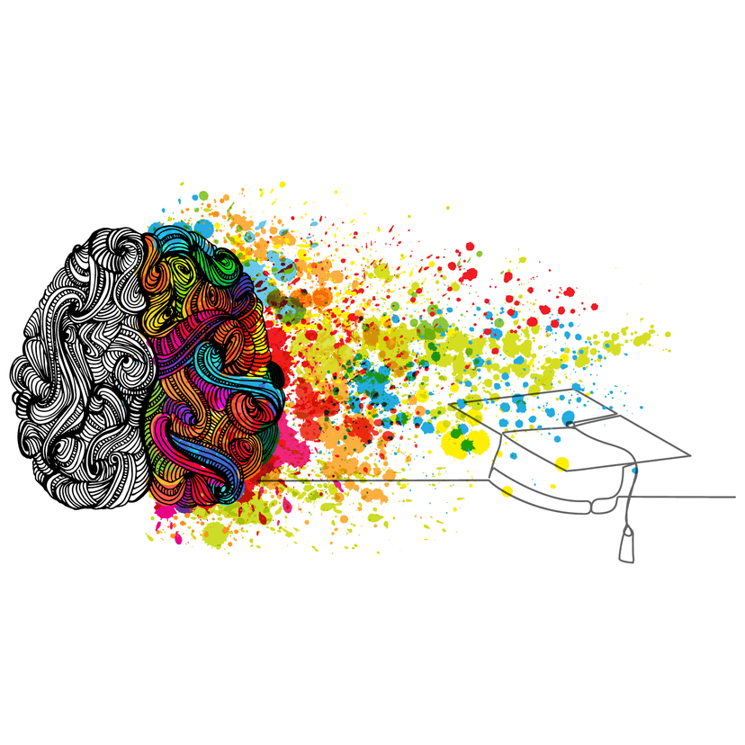 Rainbow coloured brain splattering paint drops over graduation cap