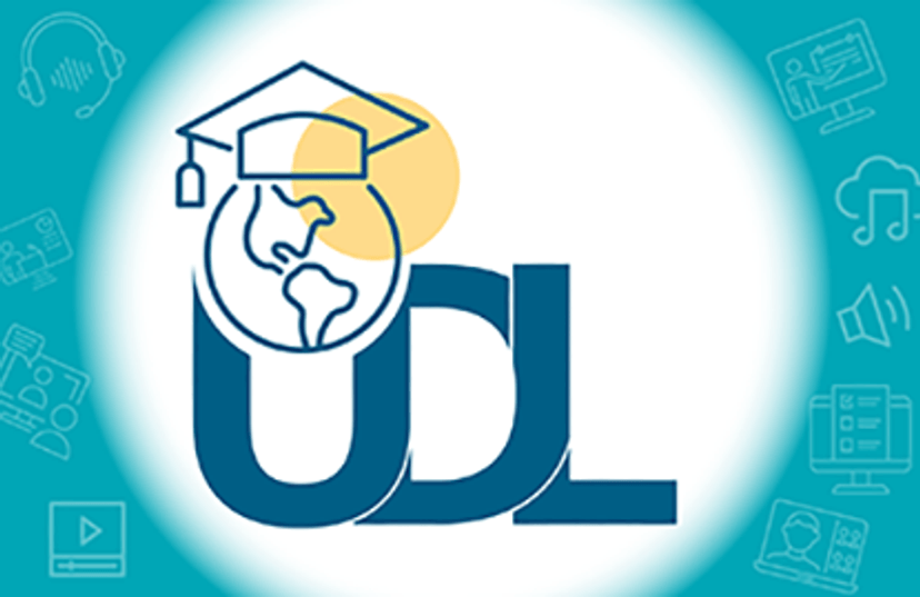 Universal Design for Learning UDL text with world globe and academic mortar board hat