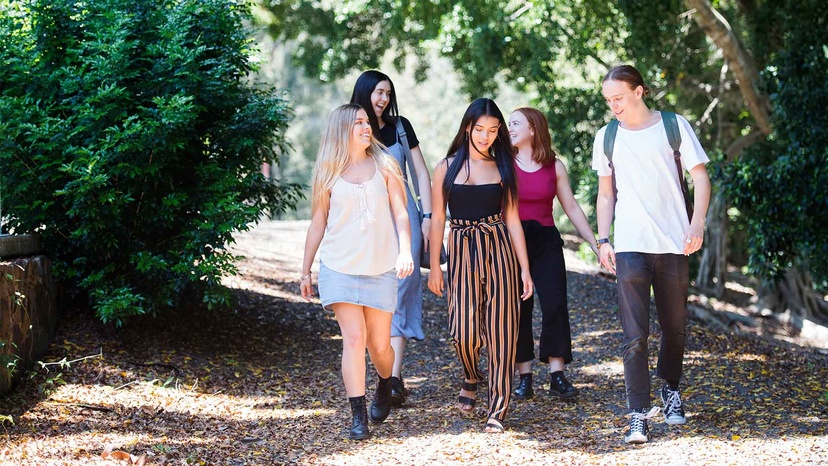 Students walking along path talking