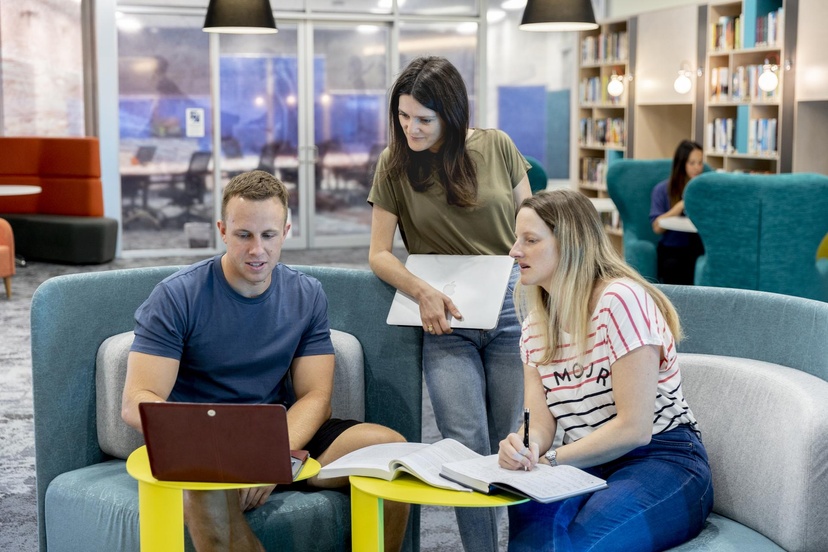 students in library