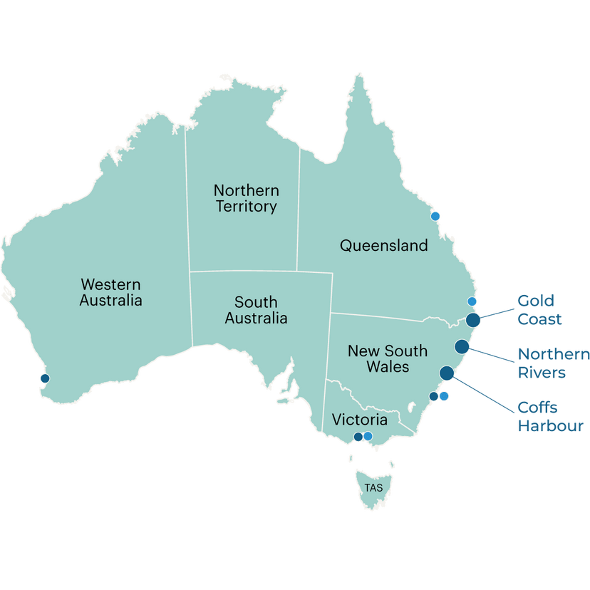 Map of Australia showing SCU locations
