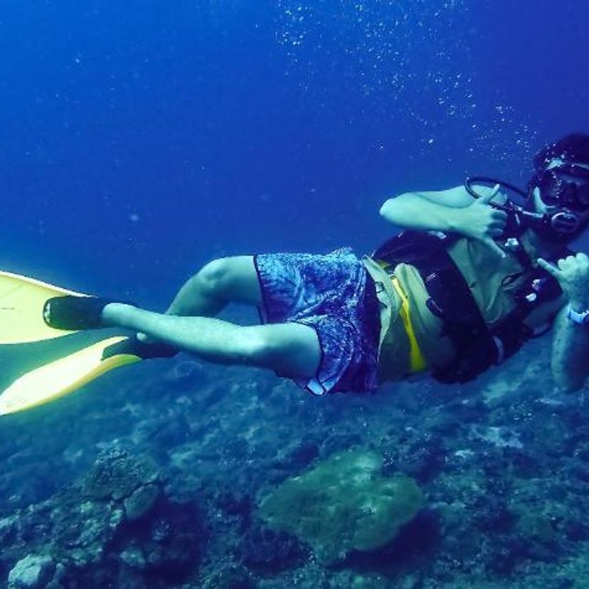 man diving underwater in scuba gear