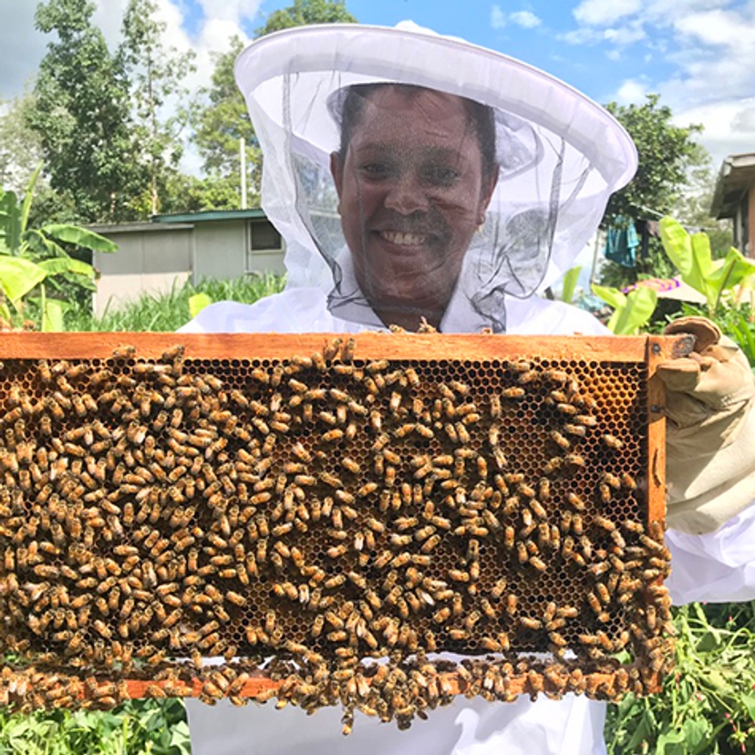 Villager with hive frame credit Cooper Schouten