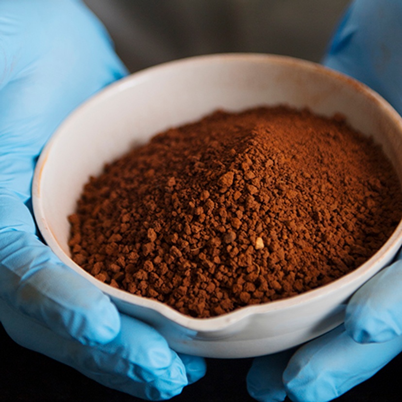 Bowl of red soil and hands with gloves
