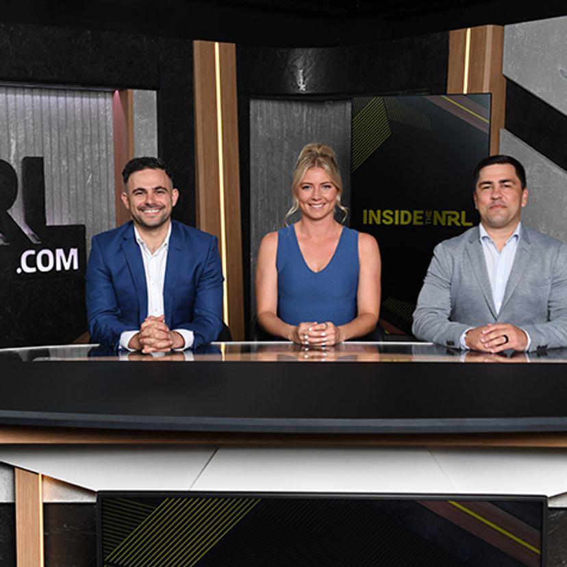 Katie Brown on the Inside the NRL set w Michael Chammas and Jamie Soward in 2020