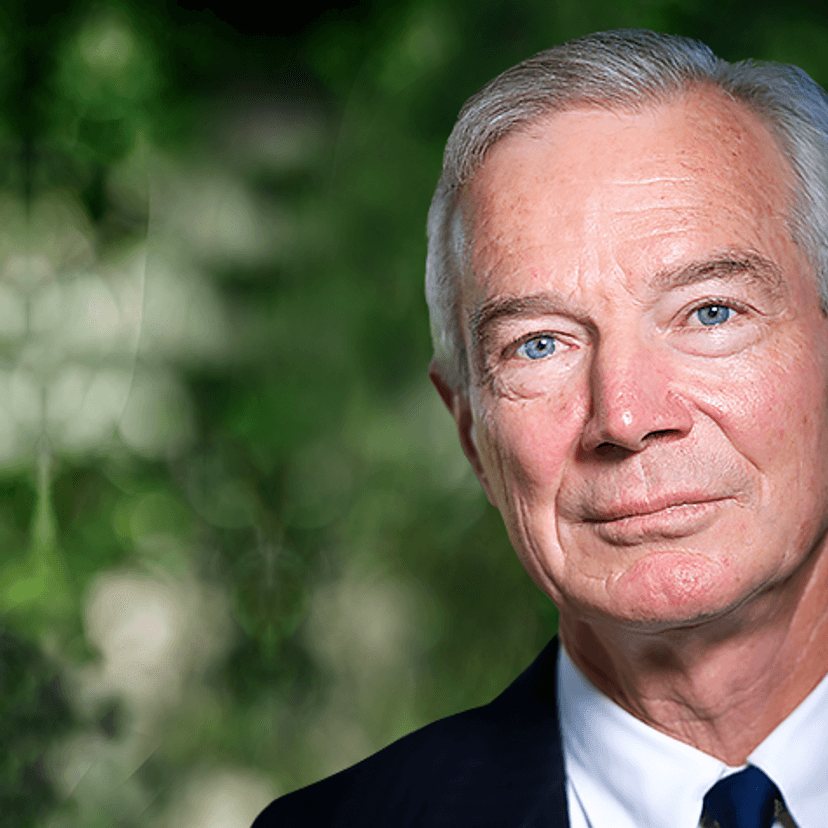 Man in a suit and tie with greenery in the background