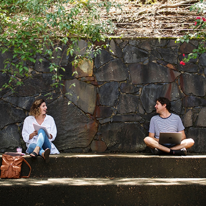 Two students talking as they sit against a garden wall.