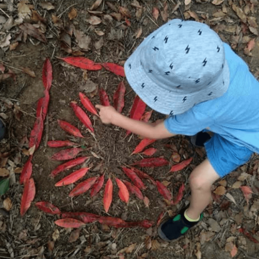 Child makes a pattern of leaves on the ground