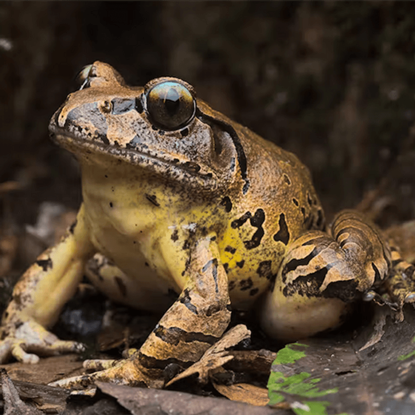 A frog sitting on the forest floor.