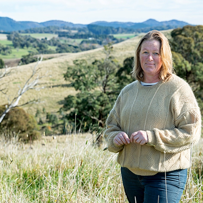A woman stands in a panoramic landscape