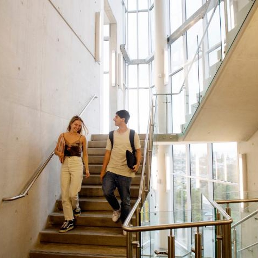 two students descending a staircase smiling