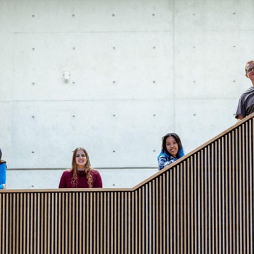Students on stairs in library