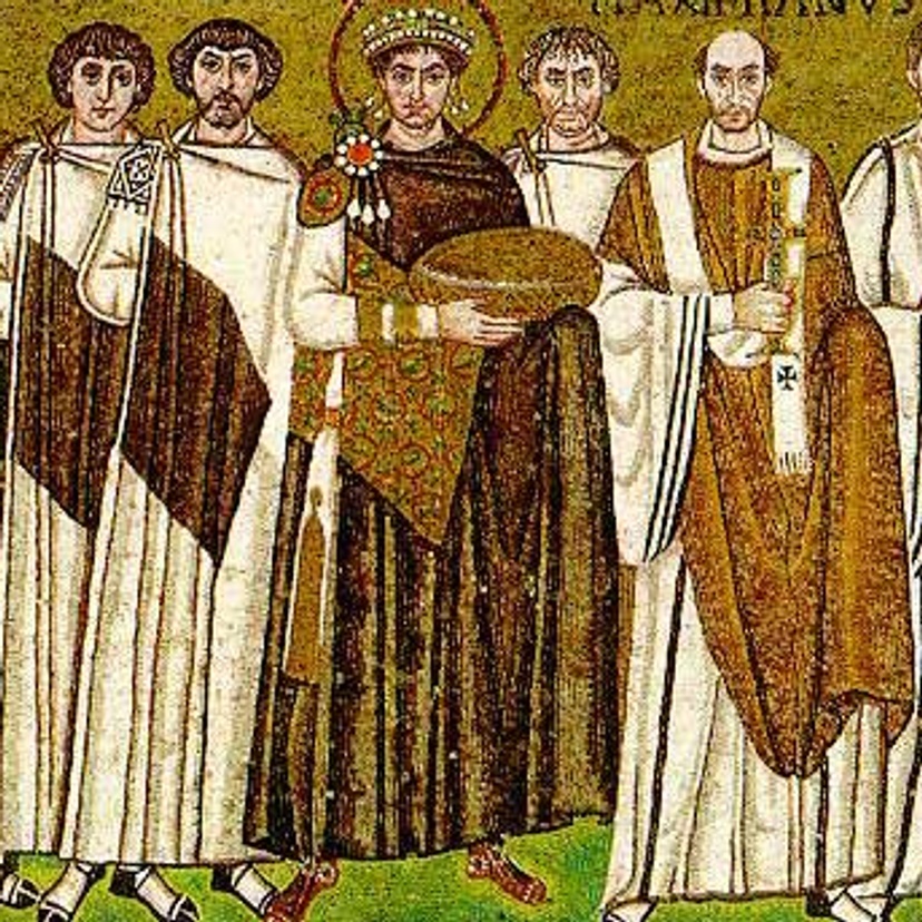 An ancient Justinian mosaik showing a person to the right of the haloed emperor is thought to be the eunuch Narses