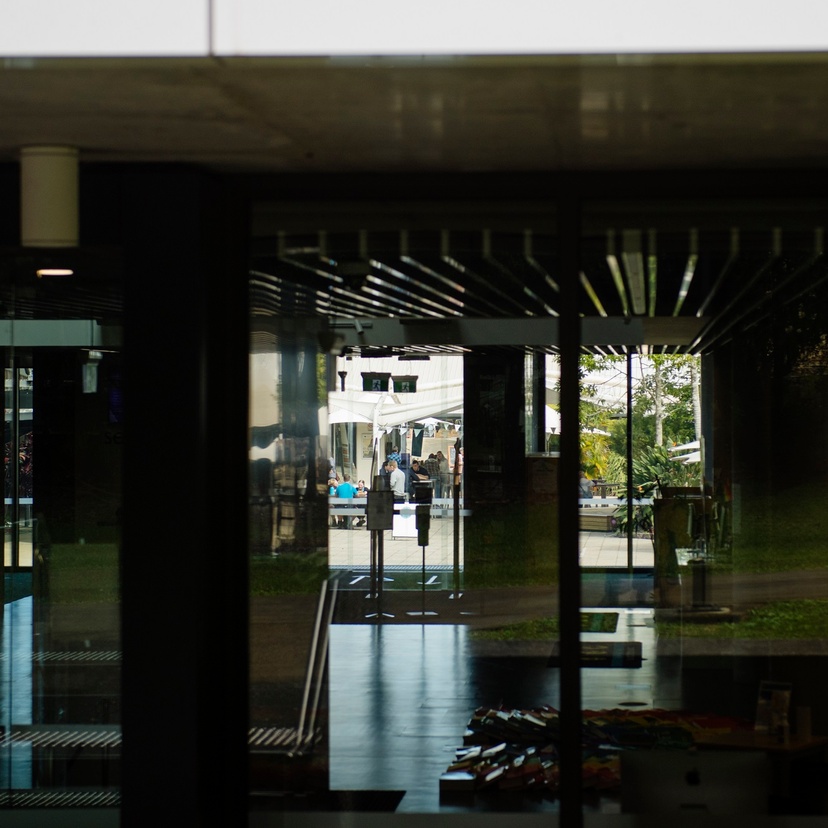 Looking outwards from darkened interior