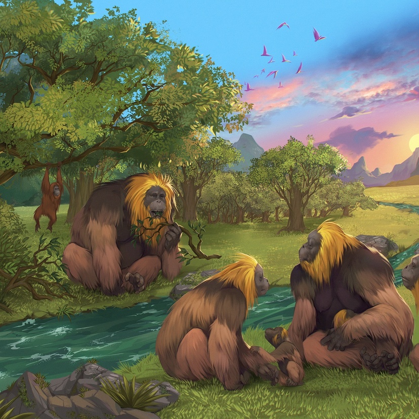 A group of apes in a forest setting - illustration