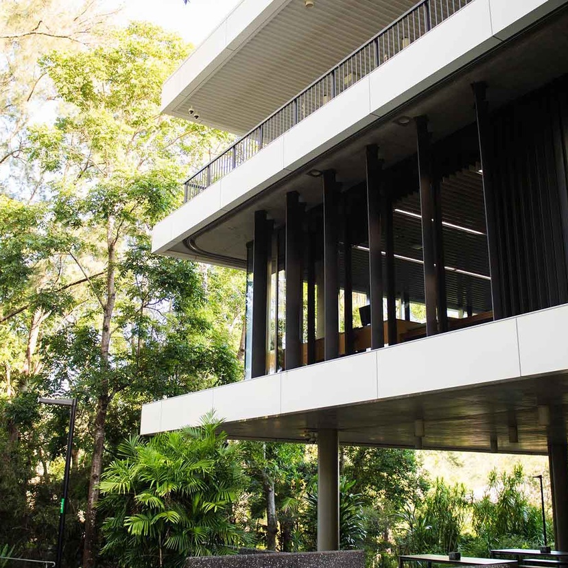 Lismore campus library surrounded by trees and greenery