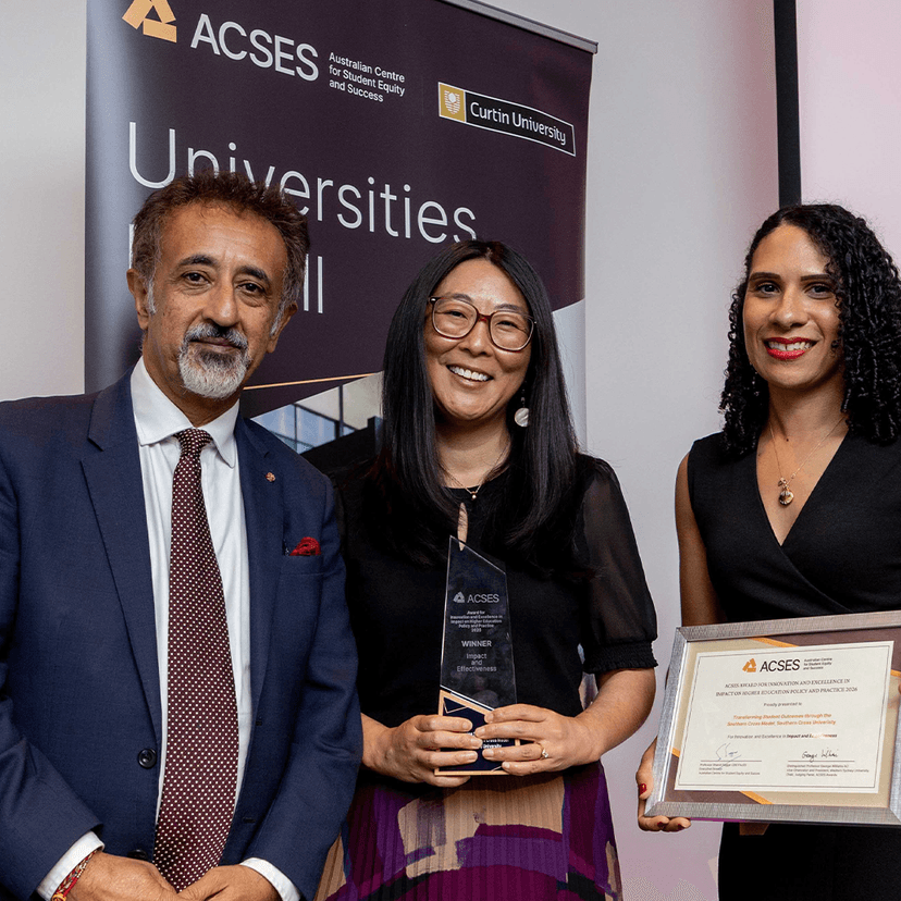 Professor Shamit Saggar (ACSES Executive Director) and Dr Cassy King (ACSES Awards Judging Panel Member and presenter of the award) with Dr Liz Good, who received the award on behalf of the Southern Cross University team.