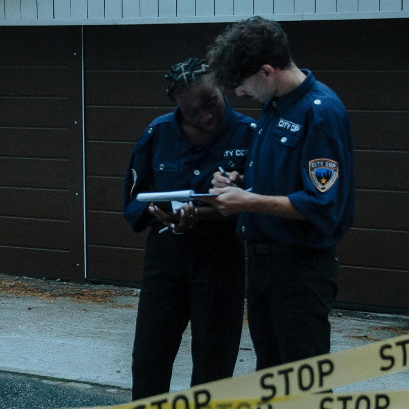 American police looking at clipboard in front of police tape