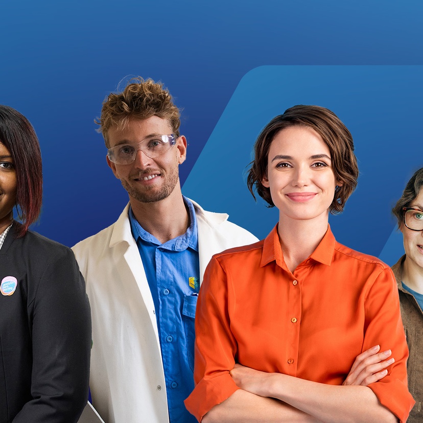 Three females one male with blue background