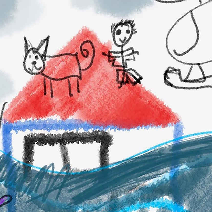 A child's diagram of their experiences in a flood sitting on roof of house